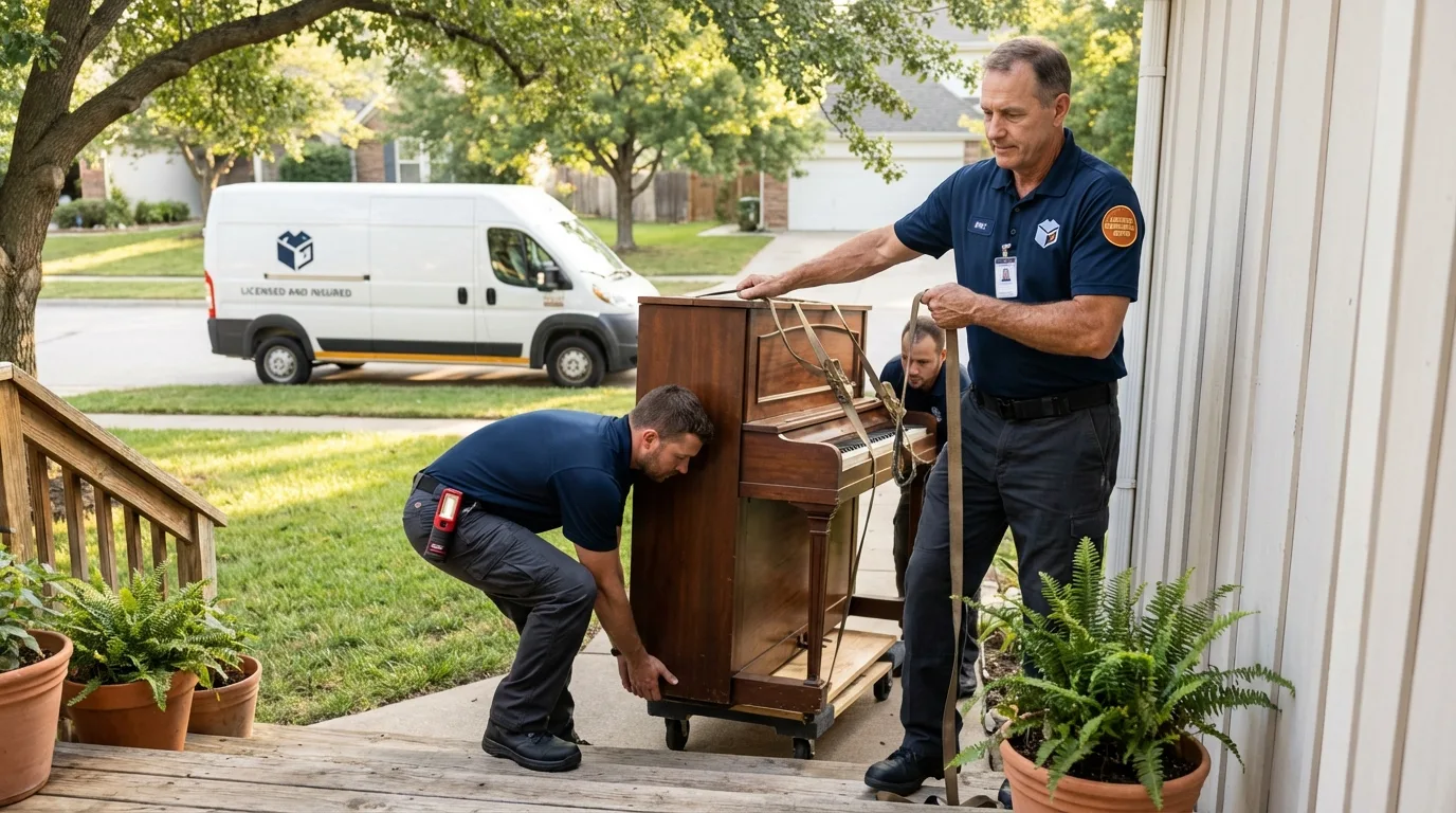 Licensed piano movers securing grand piano in Greenup, IL