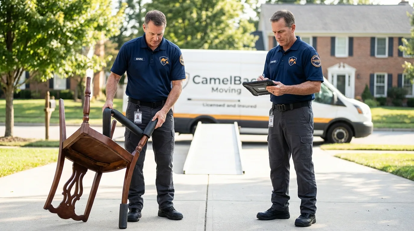 Movers inspecting furniture for damage prevention before loading in Greenup, IL